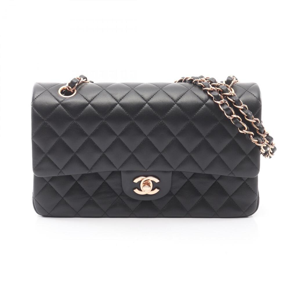 Chanel Matelasse Double Flap Shoulder Bag Pink Lambskin Leather Black
